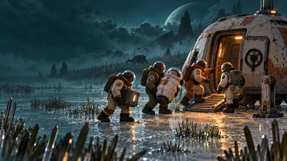 BACKFEED key art: a survey crew returns to a weathered pod in an alien marsh, carrying a power source and a sleeping friend as a distant creature watches.